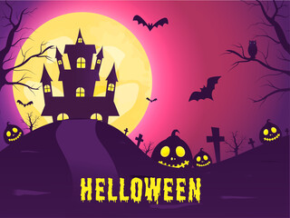 Dripping Halloween Text with Jack-O-Lanterns, Bats Flying, Owl, Haunted House and Graveyard View on Full Moon Purple and Pink Background.