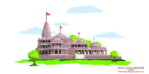 Ram Mandir, Jai Shri Ram religious of Indian Temple with Tree Background