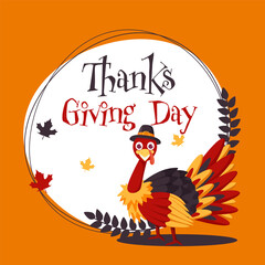 Thanksgiving Day Poster Design with Cartoon Turkey Bird Wearing Pilgrim Hat and Autumn Leaves on Orange and White Background.
