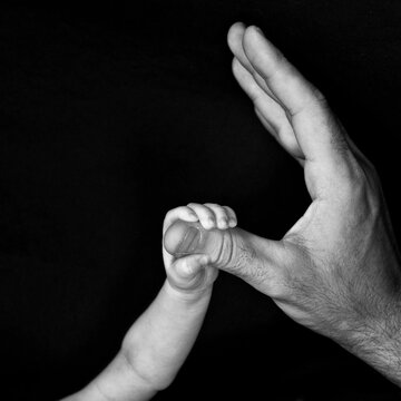 mano de bebé sosteniendo mano de adulto en blanco y negro
