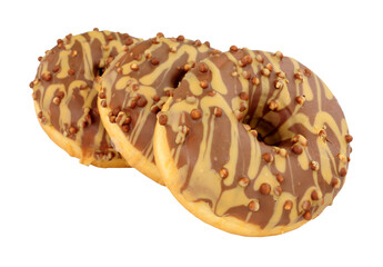 Millionaire doughnuts drizzled with icing and topped with chocolate crispies isolated on a white background