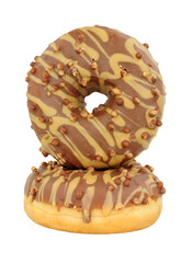 Millionaire doughnuts drizzled with icing and topped with chocolate crispies isolated on a white background