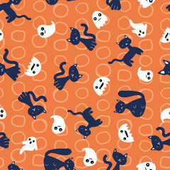 Halloween Ghost Cat Circle Autumn Spooky Seamless Pattern
