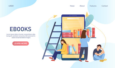 E-books landing page or web page template showing a virtual library on a mobile app and three young people reading or selecting books, colored vector illustration