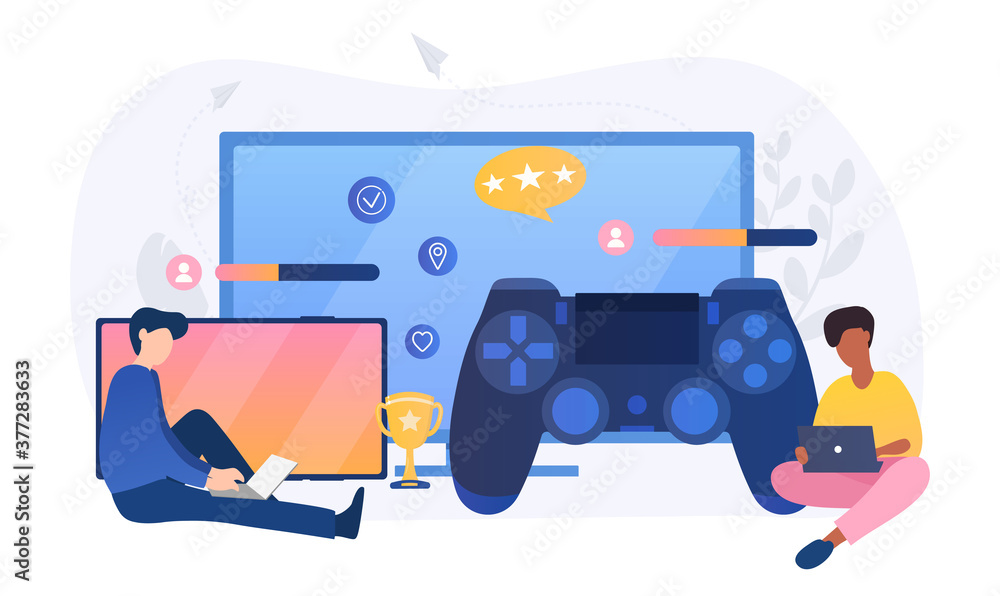 Poster two young men playing computer games cross platform on different play stations or boxes using digita