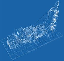 Coiled tubing Truck unit machine. The layers of visible and invisible lines are separated. EPS10 format. Wire-frame.