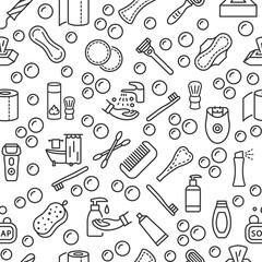 Personal hygiene products seamless pattern with vector line flat icon. Care of yourself. Womens and mens individual hygiene items.