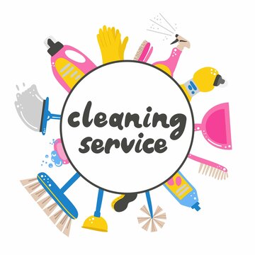 Cleaning service. Supplies in circle with text, mop and bucket with water, sponge for washing dishes and household chemicals, spray and soap. Hand drawn cartoon vector illustration with lettering