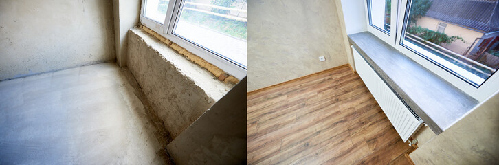 Room in apartment before and after renovation works, old and new window sill, wood textured laminate, renovation concept