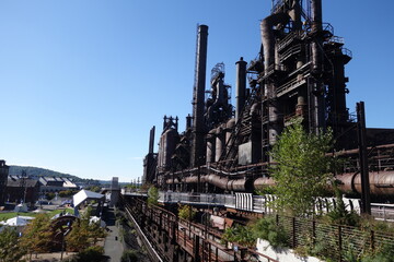 Panoramic view of the steel factory still standing in Bethlehem PA as it rusts, and discolors with age