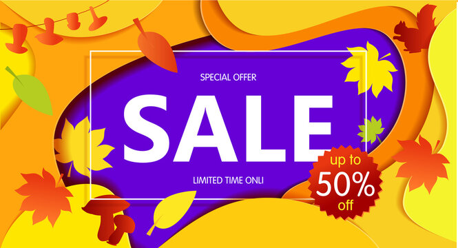 Bright Banner autumn sales with leaves. In yellow red shades. Vector illustrations, paper art and digital crafts style.