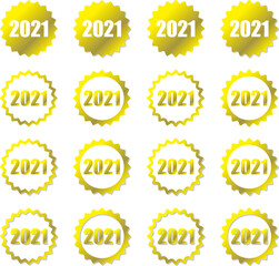 金色グラデのギザギザフレームの中に西暦2021のデザインセット　影と角のまるみのバリエーション　ベクターイラスト