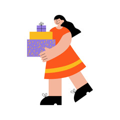Smiling young woman holding gift boxes in hands isolated on white background. Trendy flat vector illustration. Art for greeting card, web banner, social media, sticker or print. 