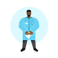 Vector isolated flat concept. African american doctor standing tall and holding documents. Friendly medic (man) is dressed in blue robe and has stethoscope. Professional highly qualified medical care