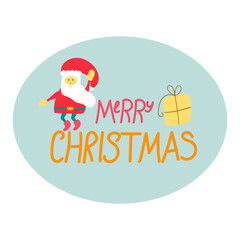 Hand drawn text Merry Christmas with cute little Santa and gift box. Flat illustration.