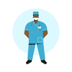 Vector flat concept. Cartoon african american nurse is staying tall  with stethoscope. Happy doctor (man) is dressed in blue medical uniform, face mask. Medic is from emergency or operating room