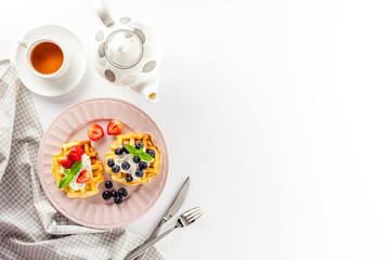 Traditional belgian waffles on white table background top view mockup