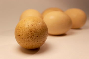 Brown and white eggs lie on a light background.