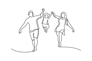 Gelukkige familie in doorlopende lijntekeningstijl. Vooraanzicht van ouders met hun kleine kind hand in hand en lopen samen zwarte lineaire schets geïsoleerd op een witte achtergrond. vector illustratie