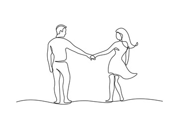 Fototapeta na wymiar Couple walking together holding hands in continuous line art drawing style. Loving man and woman. Romantic date. Black linear sketch isolated on white background. Vector illustration