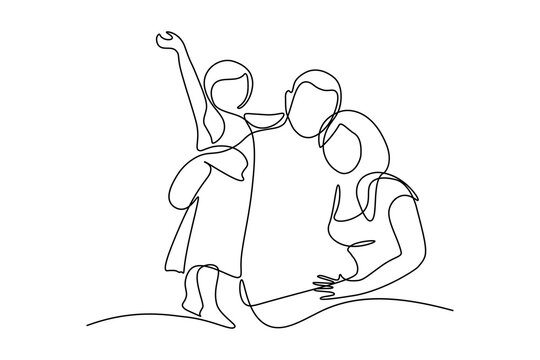 Happy family in continuous line art drawing style. United family portrait of parents and their little girl kid black linear sketch isolated on white background. Vector illustration