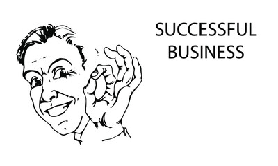 Smiling man with gesture ok. Outline of man, sketch.Lucky businessman.