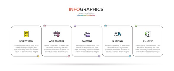 Concept of shopping process with 5 successive steps. Five colorful graphic elements. Timeline design for brochure, presentation, web site. Infographic design layout.