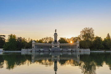 Madrid Spain, sunrise city skyline at El Retiro Park
