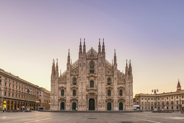 Fototapeta premium Milan Italy sunrise city skyline at Milano Duomo Cathedral empty nobody