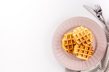 Traditional belgian waffles on white table background top view mockup
