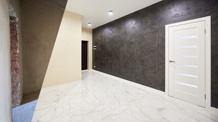 Horizontal snapshot of a room in a big apartment, before and after versions, modernized corridor with a closed white door on contrasted black wall