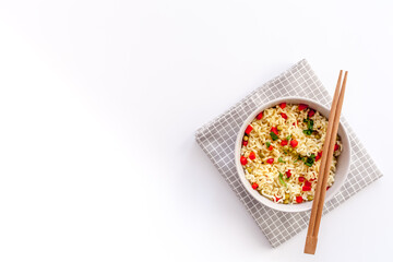 with pepper,peas, chopstick and greens. White background top view copy space