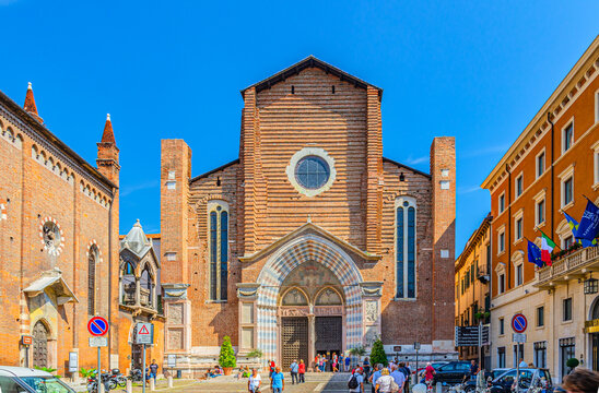 Verona, Italy, September 12, 2019: Basilica di Santa Anastasia catholic church of Dominican Order in Piazza Santa Anastasia square, Gothic style building in historical city centre Citta Antica