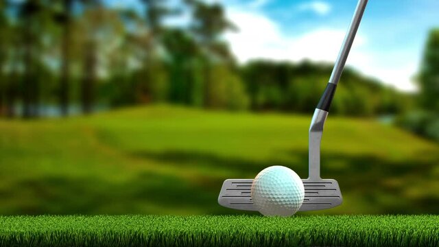 A putter golf club swinging back and forth towards a golf ball on a putting green - seamless looping.