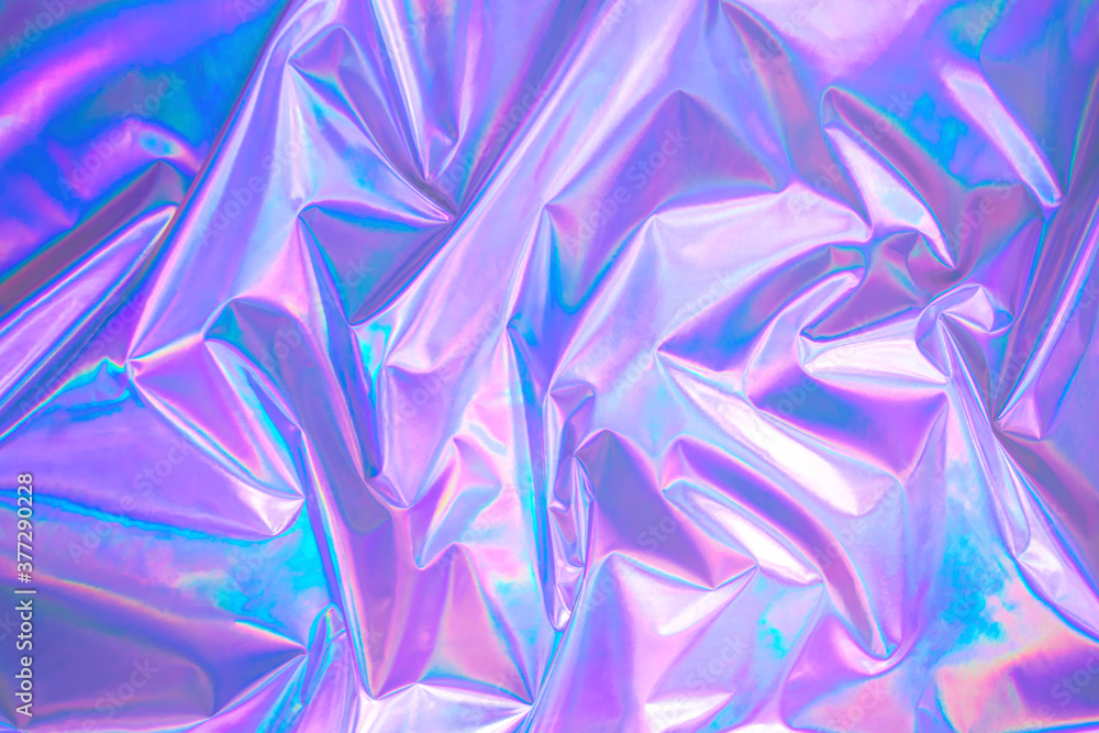 Poster blurred abstract modern pastel colored holographic background in 80s style. crumpled iridescent foil