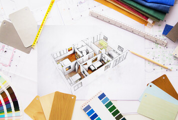 Interior designer desktop with house sketch