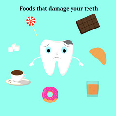 Foods that damage your teeth. Vector illustration