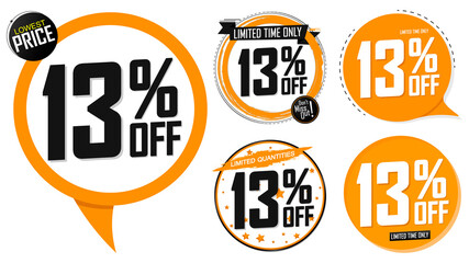 Set Sale 13% off banners, discount tags design template, promo app icons, vector illustration