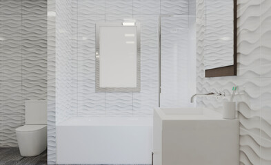 Modern bathroom including bath and sink. 3D rendering.. Mockup.   Empty paintings