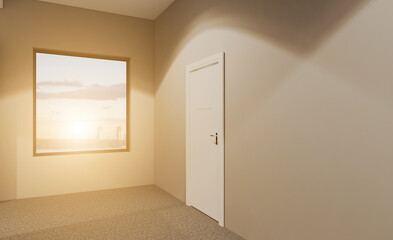 Open space office interior with like conference room. Mockup. 3D rendering.. Sunset.. Open space office interior with like conference room. Mockup. 3D rendering.