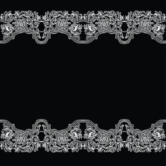 Intricate white lace border on black isolated background