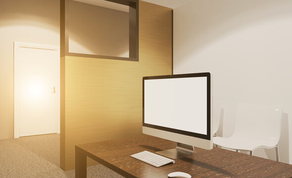 Modern office building interior. 3D rendering.. Sunset.. Modern office building interior. 3D rendering.