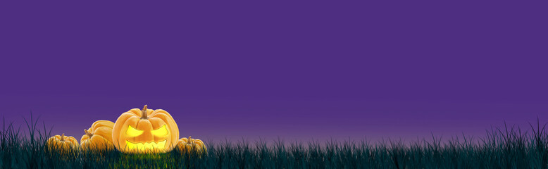 Jack O Lantern on purple sky and grass. halloween banner