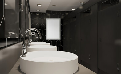 Hotel bathroom peeing toilet. 3D rendering.. Blank paintings.  Mockup.