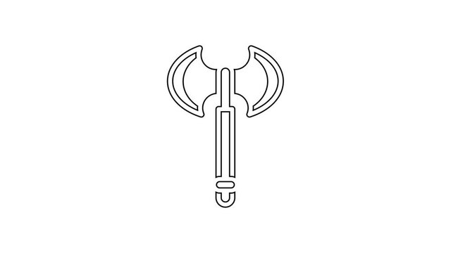 Black line Medieval axe icon isolated on white background. Battle axe, executioner axe. Medieval weapon. 4K Video motion graphic animation.