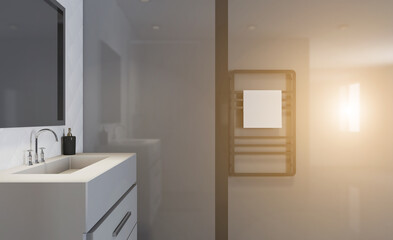 Spacious bathroom in gray tones with heated floors, freestanding tub. 3D rendering.. Sunset.