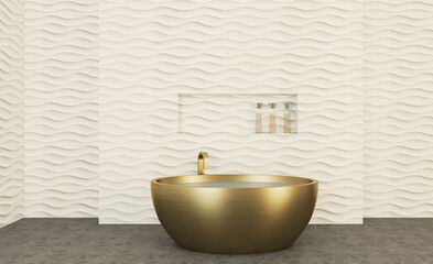 White wavy tiles on the walls. Bathroom in bright colors. Bronze bath and washbasin.. 3D rendering,