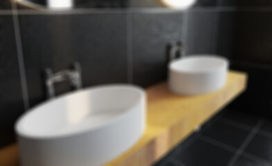 black tiled bathroom. large window with shutters. 3D rendering.. Abstract blur phototography