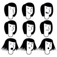 Schematic female facial expressions. Black and white graphics
