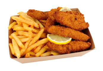 Breadcrumb covered chicken mini fillets and French fries in a cardboard takeaway tray isolated on a white background